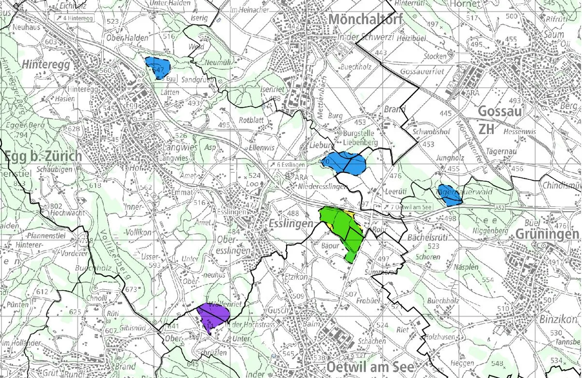Kartenausschnitt mit bestehenden und geplanten Deponien Erzacher, Chrüzlen, Leerüti, Büelholz, Tägernauer Holz in und um Egg, 